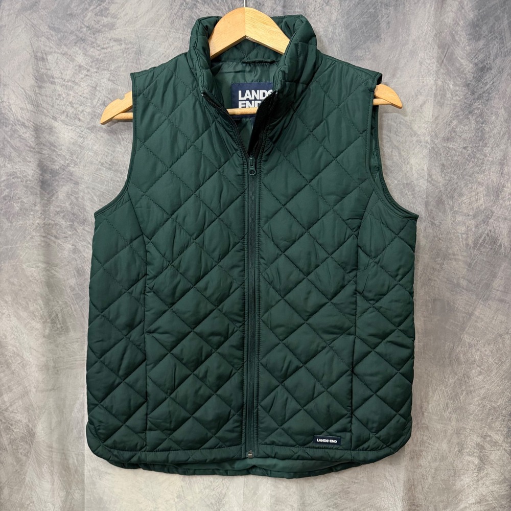 Lands End Womens Forest Green Quilted Puffer Vest Full Zip Size S 6-8